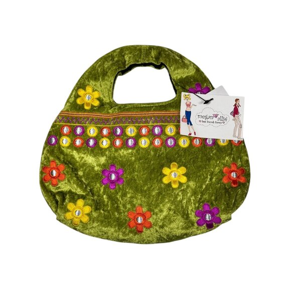 NWT Embroidered Velvet Bag Small Green Flowers Whimsigoth Hippie Twee Boho - Picture 1 of 7